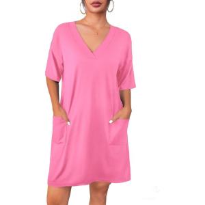 Ekouaer Nightgowns for Women Short Sleeve Sleep Shirt V Neck Night Gown With Pockets Soft Pajamas Dress Casual Sleepwear(Hot Pink)
