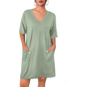 Ekouaer Nightgowns for Women Short Sleeve Sleep Shirt V Neck Night Gown With Pockets Soft Pajamas Dress Casual Sleepwear(Light Green)