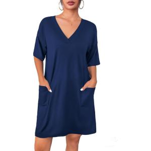 Ekouaer Nightgowns for Women Short Sleeve Sleep Shirt V Neck Night Gown With Pockets Soft Pajamas Dress Casual Sleepwear(Navy Blue)
