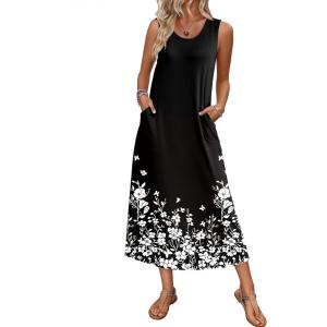 Ekouaer Nightgowns for Women Sleeveless Sleepshirt Long Print House Dress Tank Nightshirt Maxi Casual Dress with Pockets(Black Silhouette Flowers)