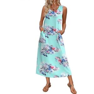 Ekouaer Nightgowns for Women Sleeveless Sleepshirt Long Print House Dress Tank Nightshirt Maxi Casual Dress with Pockets(Blue Flower)