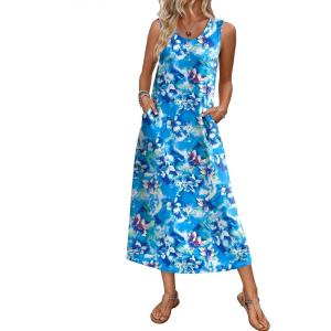 Ekouaer Nightgowns for Women Sleeveless Sleepshirt Long Print House Dress Tank Nightshirt Maxi Casual Dress with Pockets(Blue Multi Flowers)
