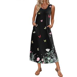 Ekouaer Nightgowns for Women Sleeveless Sleepshirt Long Print House Dress Tank Nightshirt Maxi Casual Dress with Pockets(Floral Butterfly)