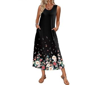 Ekouaer Nightgowns for Women Sleeveless Sleepshirt Long Print House Dress Tank Nightshirt Maxi Casual Dress with Pockets(Flower Black)