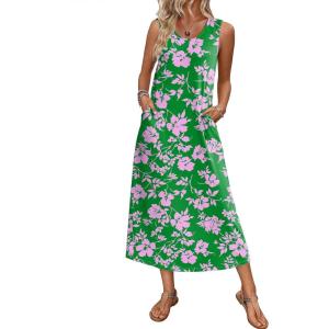 Ekouaer Nightgowns for Women Sleeveless Sleepshirt Long Print House Dress Tank Nightshirt Maxi Casual Dress with Pockets(Green Silhouettes)