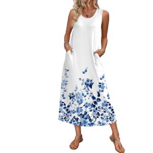 Ekouaer Nightgowns for Women Sleeveless Sleepshirt Long Print House Dress Tank Nightshirt Maxi Casual Dress with Pockets(Leaf)