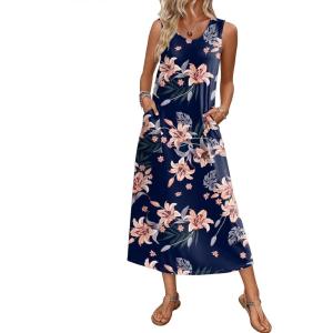 Ekouaer Nightgowns for Women Sleeveless Sleepshirt Long Print House Dress Tank Nightshirt Maxi Casual Dress with Pockets(Navy Blue Orange Flower)