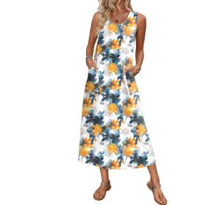 Ekouaer Nightgowns for Women Sleeveless Sleepshirt Long Print House Dress Tank Nightshirt Maxi Casual Dress with Pockets(Plants Flowers)