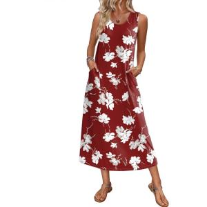Ekouaer Nightgowns for Women Sleeveless Sleepshirt Long Print House Dress Tank Nightshirt Maxi Casual Dress with Pockets(Red Flower)