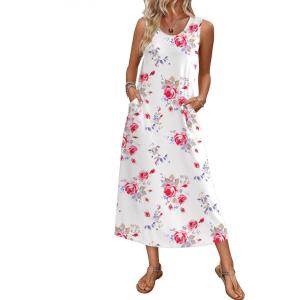 Ekouaer Nightgowns for Women Sleeveless Sleepshirt Long Print House Dress Tank Nightshirt Maxi Casual Dress with Pockets(Rose Red Flower)
