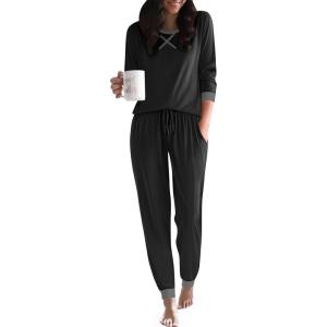 Ekouaer Pajamas For Women Comfy Long Sleeve Jogger Set Lounge Pjs Set With Pockets(Black)