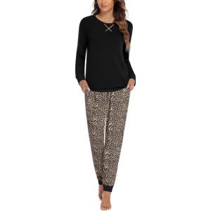 Ekouaer Pajamas For Women Comfy Long Sleeve Jogger Set Lounge Pjs Set With Pockets(Black Leopard)