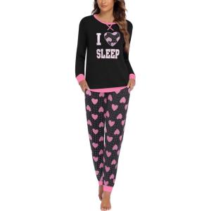 Ekouaer Pajamas For Women Comfy Long Sleeve Jogger Set Lounge Pjs Set With Pockets(Black Love Heart)