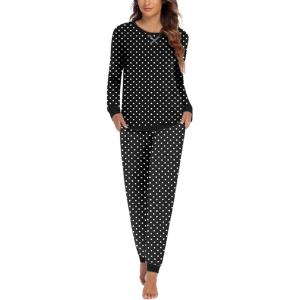 Ekouaer Pajamas For Women Comfy Long Sleeve Jogger Set Lounge Pjs Set With Pockets(Black Polka Dots)