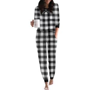 Ekouaer Pajamas For Women Comfy Long Sleeve Jogger Set Lounge Pjs Set With Pockets(Black White Plaid)
