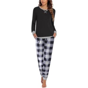 Ekouaer Pajamas For Women Comfy Long Sleeve Jogger Set Lounge Pjs Set With Pockets(Black and White Plaid)