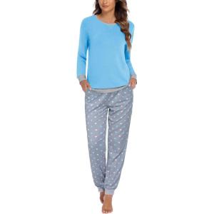 Ekouaer Pajamas For Women Comfy Long Sleeve Jogger Set Lounge Pjs Set With Pockets(Blue Polka Dots)