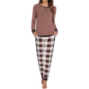 Ekouaer Pajamas For Women Comfy Long Sleeve Jogger Set Lounge Pjs Set With Pockets(Brown Plaid)