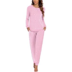 Ekouaer Pajamas For Women Comfy Long Sleeve Jogger Set Lounge Pjs Set With Pockets(Cute Pink Polka Dots)
