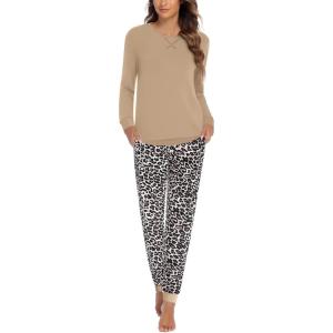 Ekouaer Pajamas For Women Comfy Long Sleeve Jogger Set Lounge Pjs Set With Pockets(Leopard Khaki)