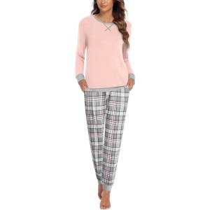 Ekouaer Pajamas For Women Comfy Long Sleeve Jogger Set Lounge Pjs Set With Pockets(Pink Grey Plaid)