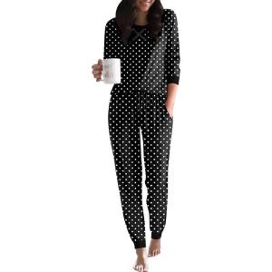 Ekouaer Pajamas For Women Comfy Long Sleeve Jogger Set Lounge Pjs Set With Pockets(Polka Dots_black)