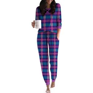 Ekouaer Pajamas For Women Comfy Long Sleeve Jogger Set Lounge Pjs Set With Pockets(Purple Plaid)
