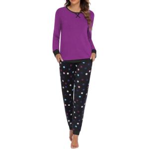 Ekouaer Pajamas For Women Comfy Long Sleeve Jogger Set Lounge Pjs Set With Pockets(Purple Polka Dots)