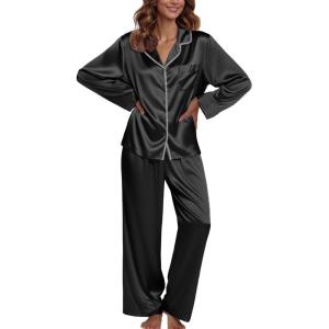 Ekouaer Pajamas For Women Set Silk Pjs 2 Piece Satin Sleepwear Long Sleeve Button Down Lounge Sets With Pant(Black)