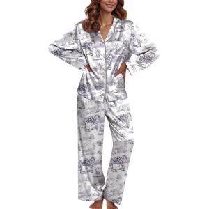 Ekouaer Pajamas For Women Set Silk Pjs 2 Piece Satin Sleepwear Long Sleeve Button Down Lounge Sets With Pant(Black Rabbit)