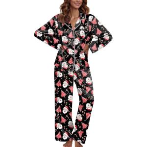 Ekouaer Pajamas For Women Set Silk Pjs 2 Piece Satin Sleepwear Long Sleeve Button Down Lounge Sets With Pant(Black With Santa Claus)