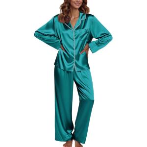 Ekouaer Pajamas For Women Set Silk Pjs 2 Piece Satin Sleepwear Long Sleeve Button Down Lounge Sets With Pant(Blue Green)