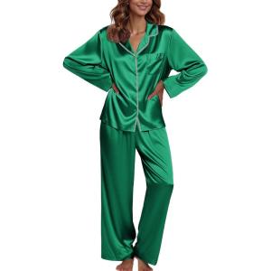 Ekouaer Pajamas For Women Set Silk Pjs 2 Piece Satin Sleepwear Long Sleeve Button Down Lounge Sets With Pant(Green)