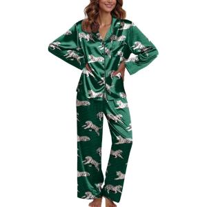 Ekouaer Pajamas For Women Set Silk Pjs 2 Piece Satin Sleepwear Long Sleeve Button Down Lounge Sets With Pant(Green With Tiger)