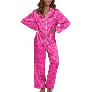 Ekouaer Pajamas For Women Set Silk Pjs 2 Piece Satin Sleepwear Long Sleeve Button Down Lounge Sets With Pant(Leopard Hot Pink)
