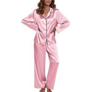 Ekouaer Pajamas For Women Set Silk Pjs 2 Piece Satin Sleepwear Long Sleeve Button Down Lounge Sets With Pant(Pink)