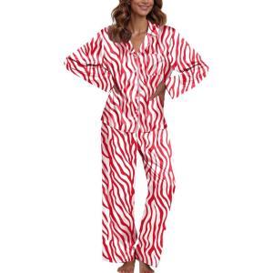 Ekouaer Pajamas For Women Set Silk Pjs 2 Piece Satin Sleepwear Long Sleeve Button Down Lounge Sets With Pant(Red Zebra Print)