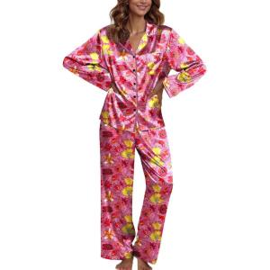 Ekouaer Pajamas For Women Set Silk Pjs 2 Piece Satin Sleepwear Long Sleeve Button Down Lounge Sets With Pant(Rose Red With Flower)