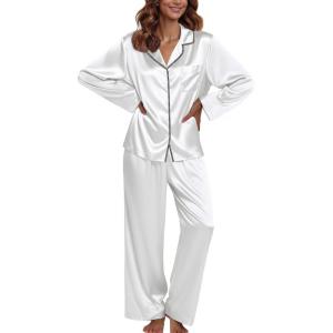 Ekouaer Pajamas For Women Set Silk Pjs 2 Piece Satin Sleepwear Long Sleeve Button Down Lounge Sets With Pant(White)
