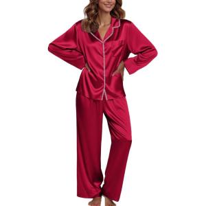 Ekouaer Pajamas For Women Set Silk Pjs 2 Piece Satin Sleepwear Long Sleeve Button Down Lounge Sets With Pant(Wine Red)