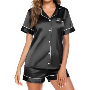 Ekouaer Pajamas for Women Set Silk Satin Pjs Button Down Sleepwear Summer Loungewear Top and Shorts Lounge Set S-XXL(Black)