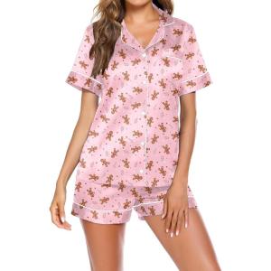 Ekouaer Pajamas for Women Set Silk Satin Pjs Button Down Sleepwear Summer Loungewear Top and Shorts Lounge Set S-XXL(Christmas Gingerbread Man)