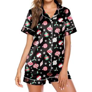 Ekouaer Pajamas for Women Set Silk Satin Pjs Button Down Sleepwear Summer Loungewear Top and Shorts Lounge Set S-XXL(Christmas Pattern)