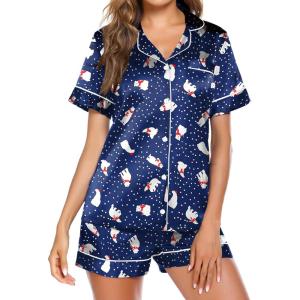 Ekouaer Pajamas for Women Set Silk Satin Pjs Button Down Sleepwear Summer Loungewear Top and Shorts Lounge Set S-XXL(Christmas Polar Bear)