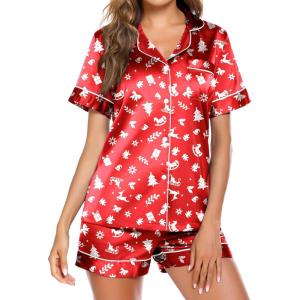 Ekouaer Pajamas for Women Set Silk Satin Pjs Button Down Sleepwear Summer Loungewear Top and Shorts Lounge Set S-XXL(Christmas Red)