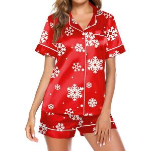 Ekouaer Pajamas for Women Set Silk Satin Pjs Button Down Sleepwear Summer Loungewear Top and Shorts Lounge Set S-XXL(Christmas Snow)