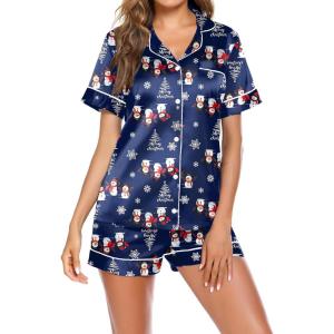 Ekouaer Pajamas for Women Set Silk Satin Pjs Button Down Sleepwear Summer Loungewear Top and Shorts Lounge Set S-XXL(Christmas Snowman)