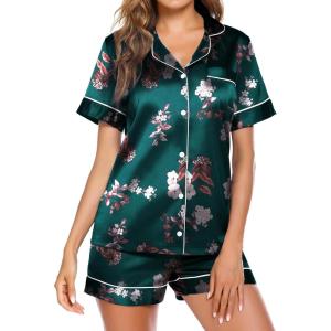 Ekouaer Pajamas for Women Set Silk Satin Pjs Button Down Sleepwear Summer Loungewear Top and Shorts Lounge Set S-XXL(Floral15- Dark Green)