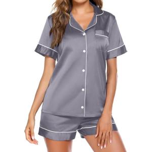Ekouaer Pajamas for Women Set Silk Satin Pjs Button Down Sleepwear Summer Loungewear Top and Shorts Lounge Set S-XXL(Grey)