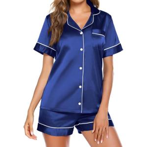 Ekouaer Pajamas for Women Set Silk Satin Pjs Button Down Sleepwear Summer Loungewear Top and Shorts Lounge Set S-XXL(Navy)